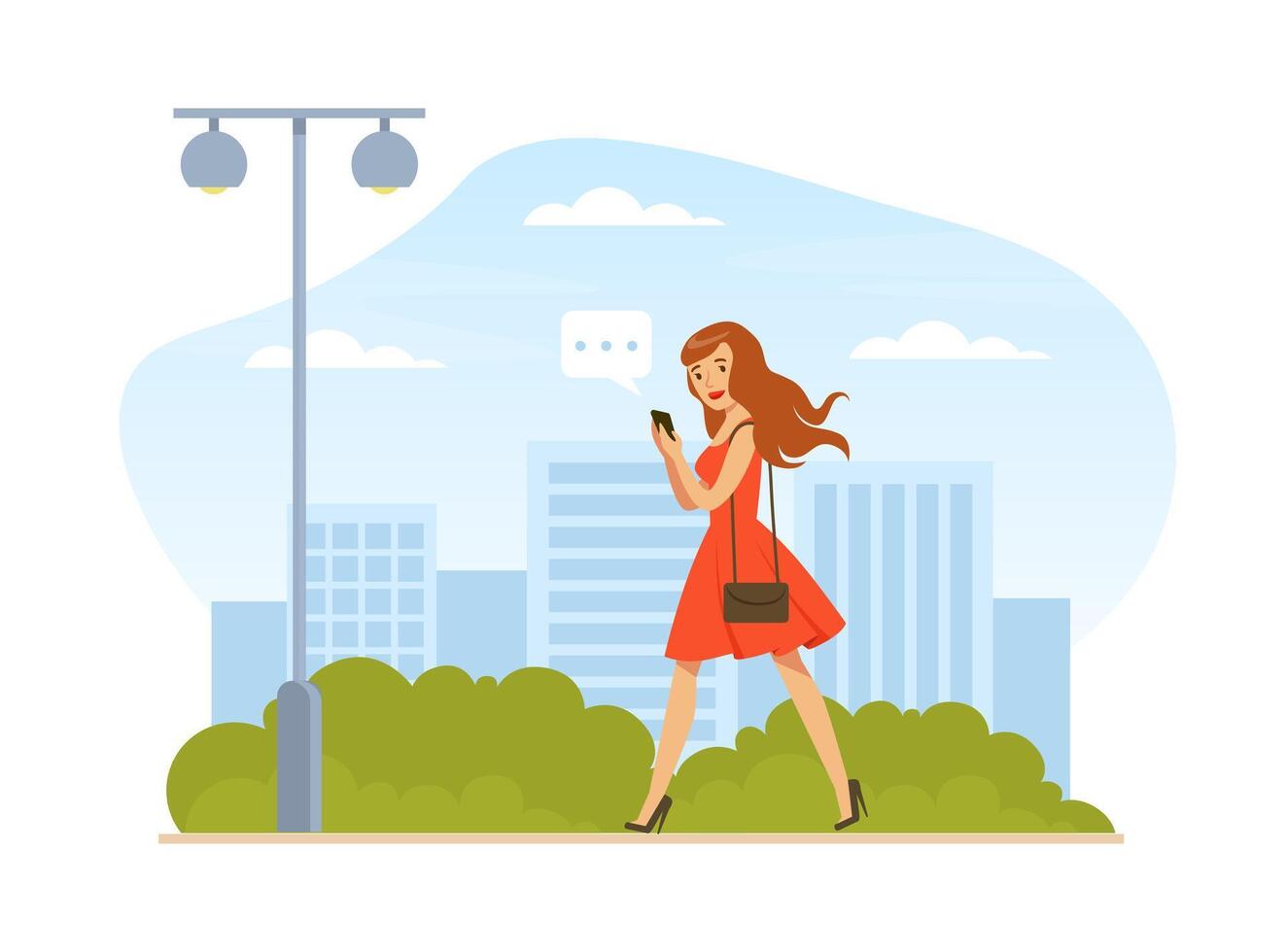Beautiful Girl Sending Messages via Smartphone while Walking Down the Street, Young Woman Using Mobile Phone for Online Communication Illustration vector