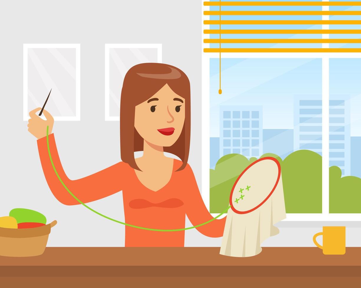 Young Woman Embroidering on Canvas, Creative Handicraft Hobby Cartoon Illustration vector