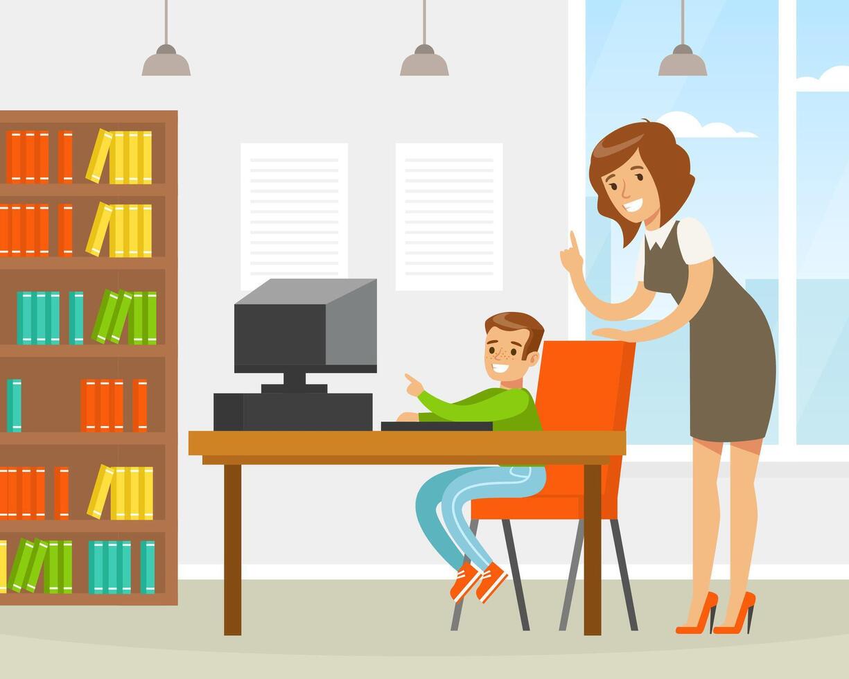Woman Teacher Helping Elementary School Student in Computer Class, Mother Teaching her Son, Education and Learning Concept Cartoon Illustration vector