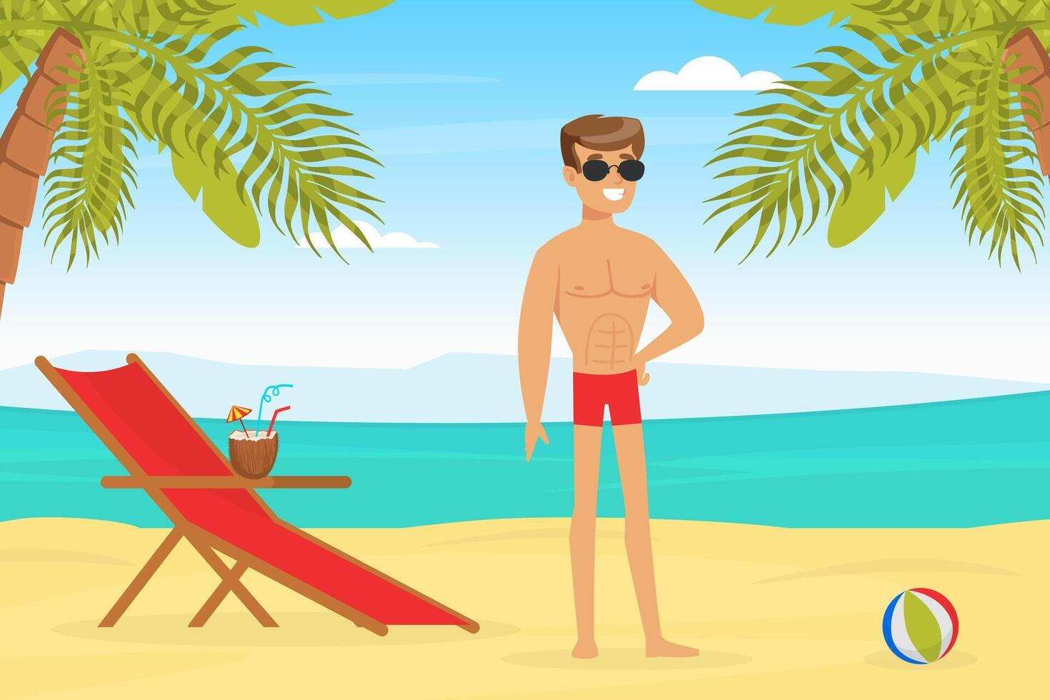 Young Man Sunbathing on Tropical Beach, Guy Having Summer Vacation on Seashore Cartoon Illustration vector