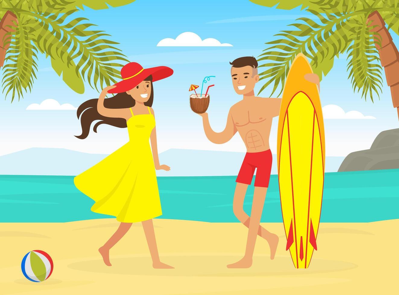 Young Man and Woman Having Summer Vacation, Couple Walking on Tropical Beach with Surfboard Cartoon Illustration vector