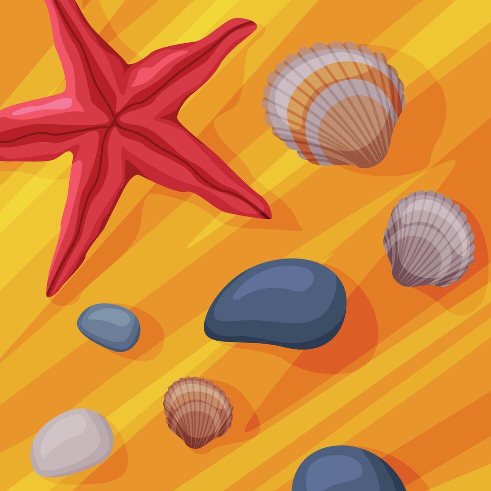 Seashell, Pebbles and Starfish Rested on Sand Above View Illustration vector