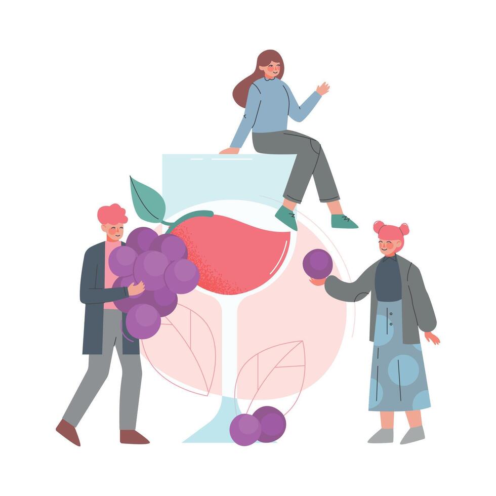 Friends Drinking Wine, Tiny Woman Sitting on Huge Wine Glass Cartoon Style Illustration vector