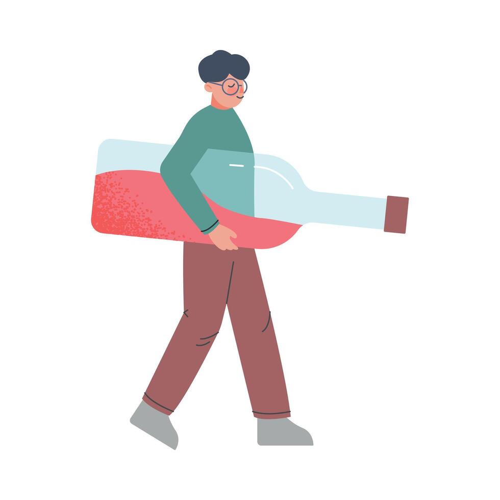 Young Man Carrying Huge Bottle of Red Wine Cartoon Style Illustration vector