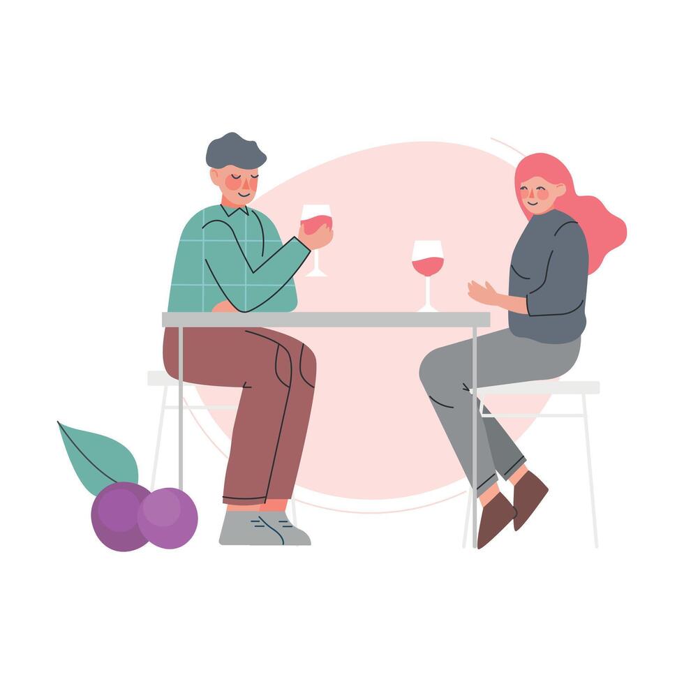 Young Man and Woman Sitting at Table and Drinking Wine, Couple in Love on Date Cartoon Style Illustration vector