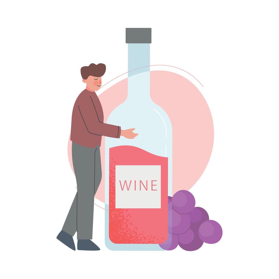 Young Man Hugging Huge Bottle of Wine Cartoon Style Illustration vector