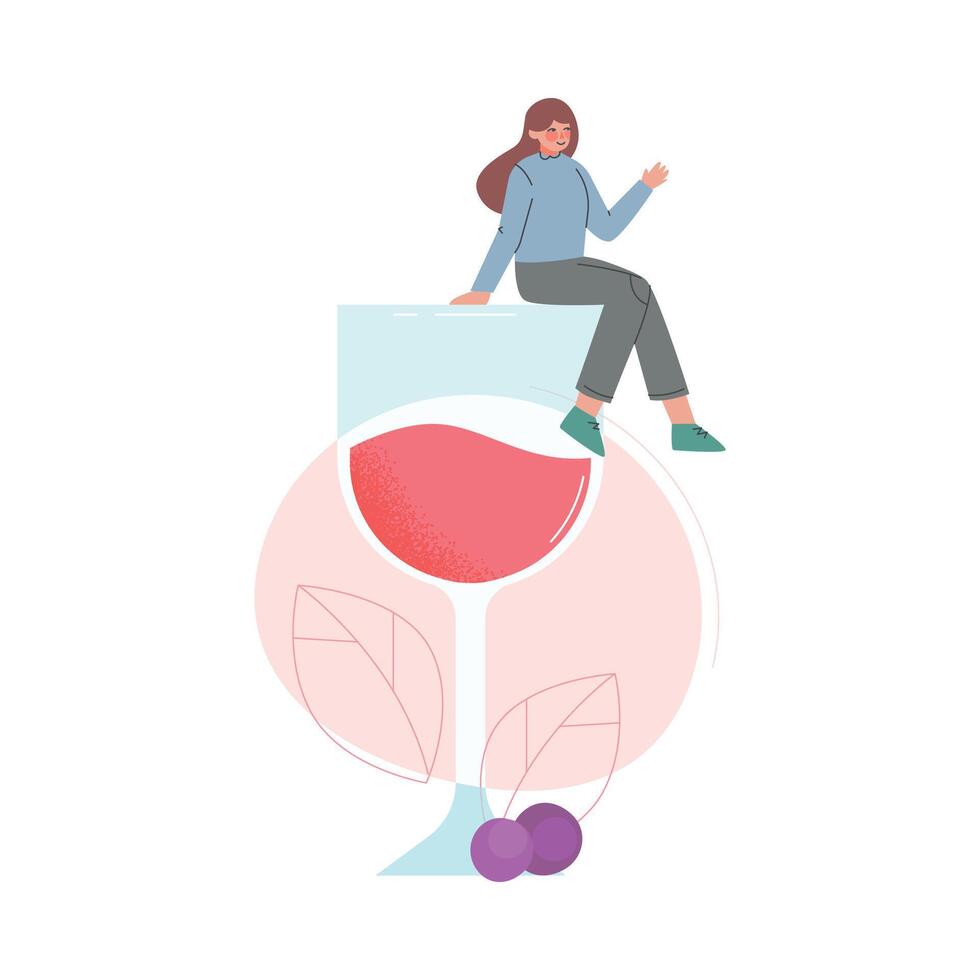 Tiny Young Woman Sitting on Huge Glass of Red Wine Cartoon Style Illustration vector