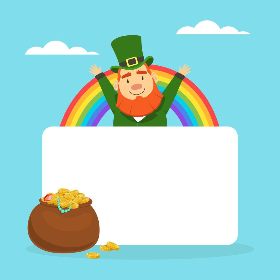 Leprechaun with Blank Banner and Pot of Gold Coins, St. Patricks Day Background, Greeting Card, Advertising Poster Illustration vector