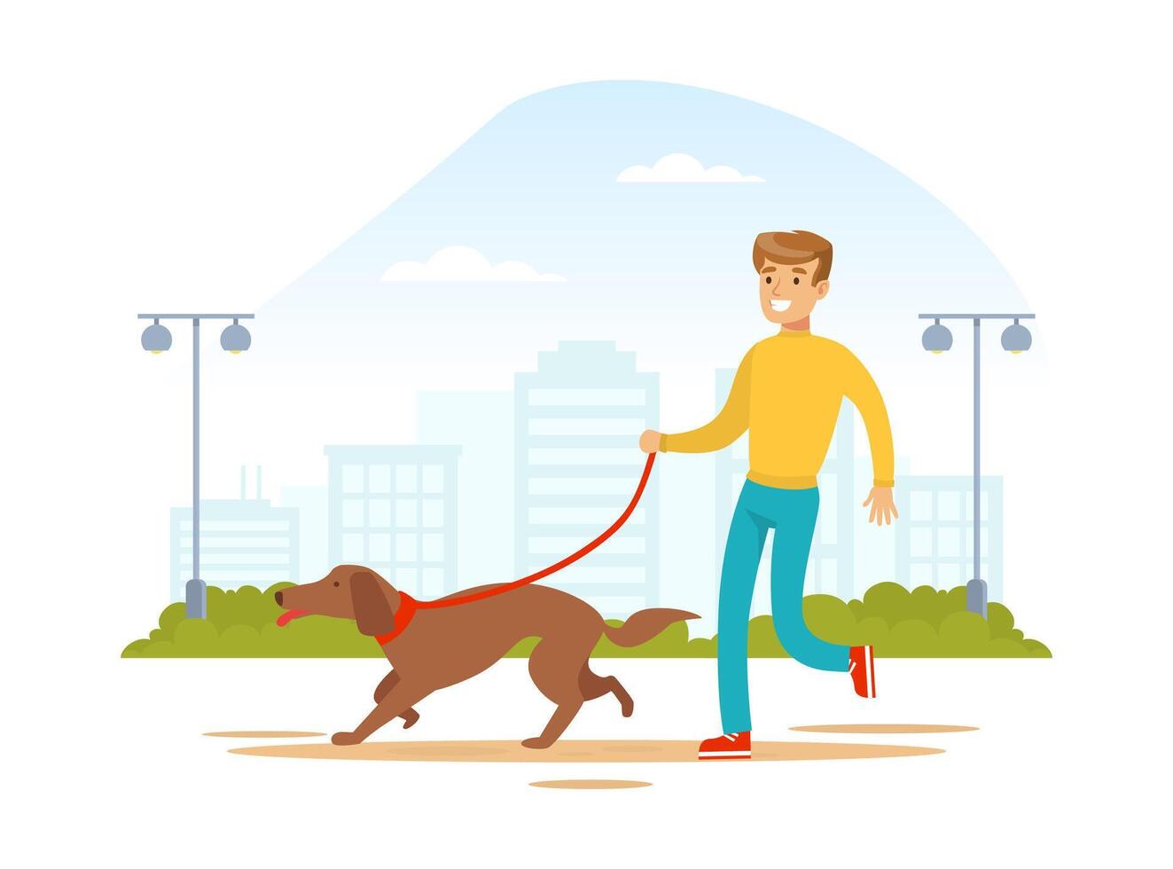 Young Man Walking with his Pet Dog on the Street Cartoon Illustration vector