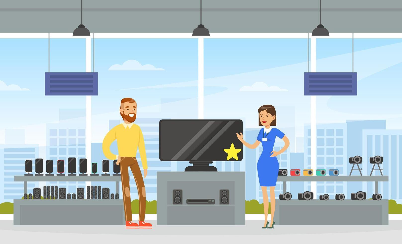 Male Shop Assistant Helping Young Woman to Choose TV at Shopping Mall, Modern Electronics Store or Shop Interior Illustration vector
