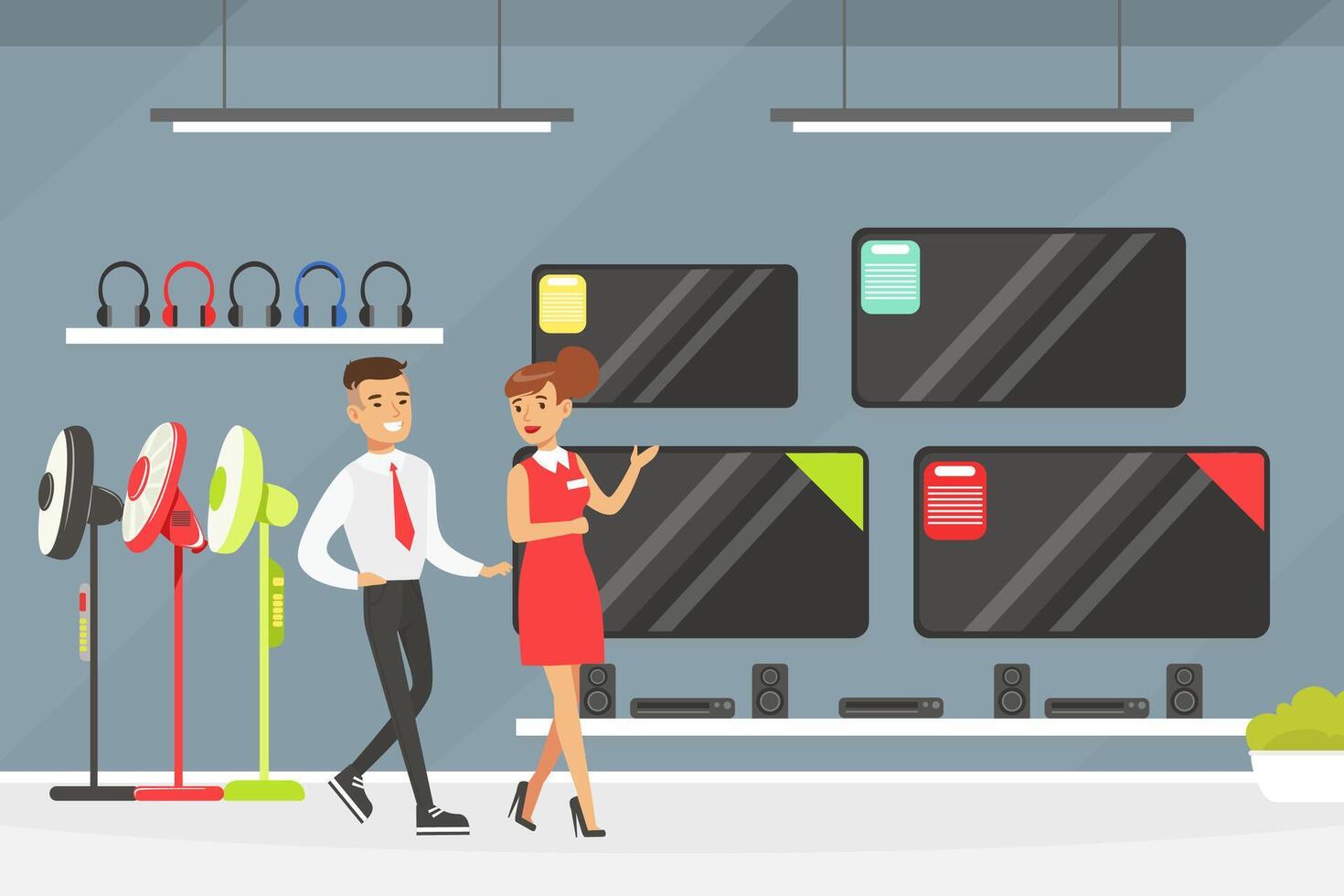 Young Man Choosing and Buying TV at Shopping Mall, Girl Shop Assistant Helping Him, Modern Electronics Store Interior Illustration vector