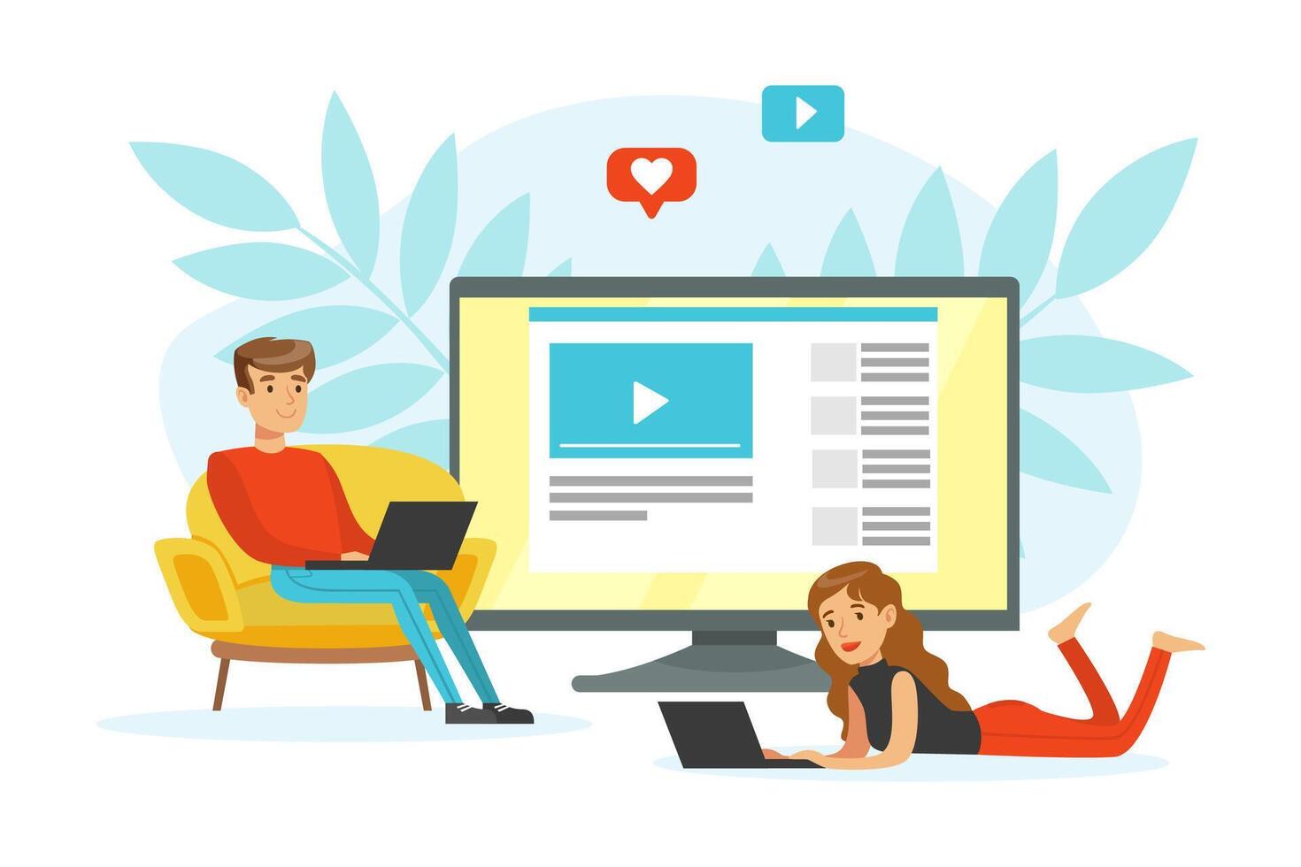 People Watching Using Laptop Computers, Conferencing, Webinar, Online Meeting Concept Flat Illustration vector