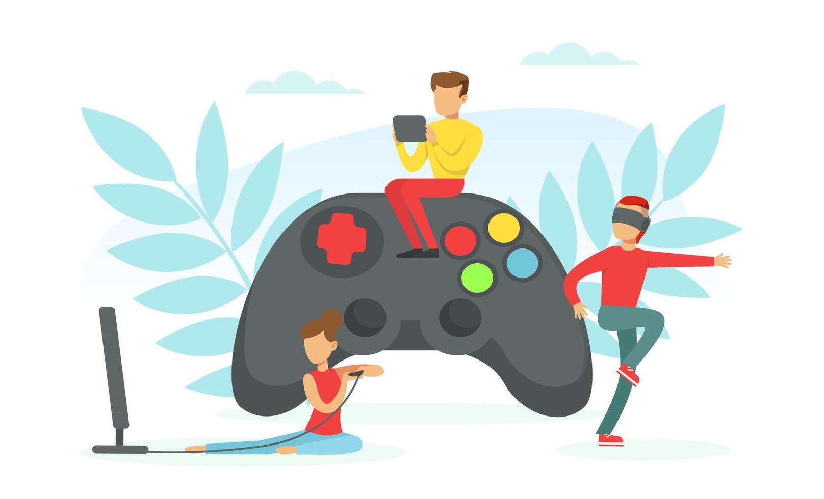 Tiny People Gamers Playing Games Using Play Station Console and VR Glasses, Cybersport, Gaming Addiction, Entertainment Concept Flat Illustration vector