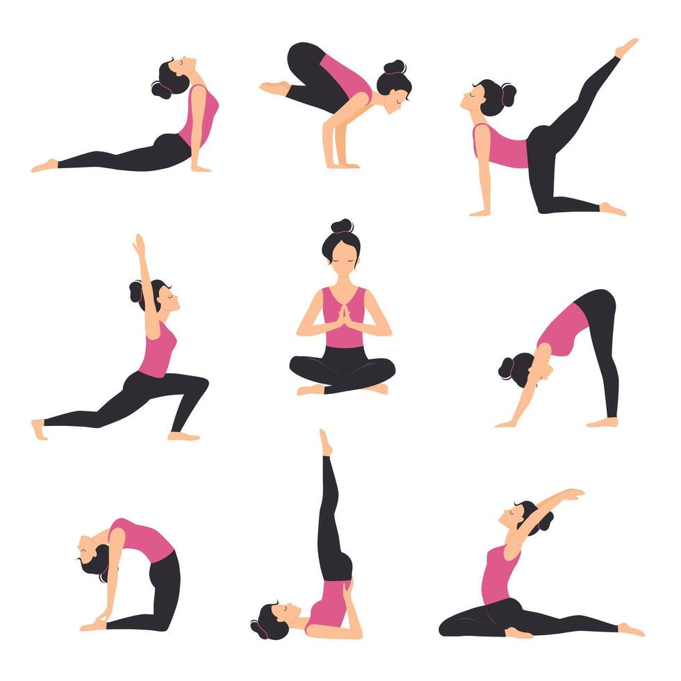 Girl Practicing Various Yoga Positions Set, Slim Sporty Young Woman Training, Meditating, Balancing and Relaxing Flat Style Illustration vector