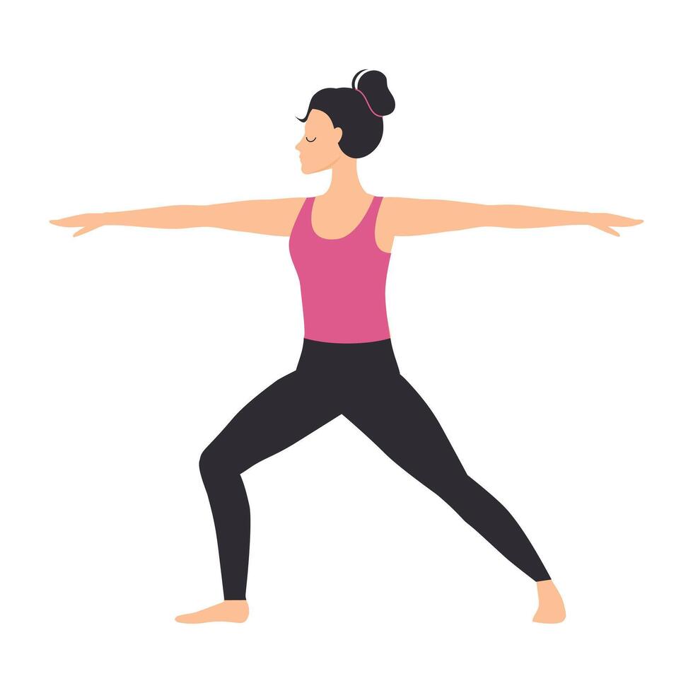 Girl Doing Yoga Exercise, Slim Sporty Young Woman Practicing Warrior Pose Yoga Pose Flat Style Illustration vector