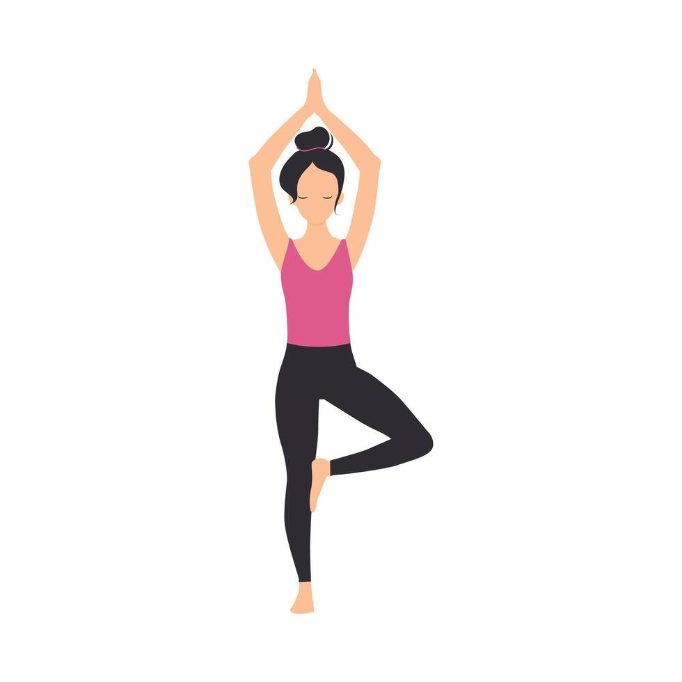 Girl Doing Yoga Exercise, Slim Sporty Young Woman Practicing Tree Yoga Asana Flat Style Illustration vector