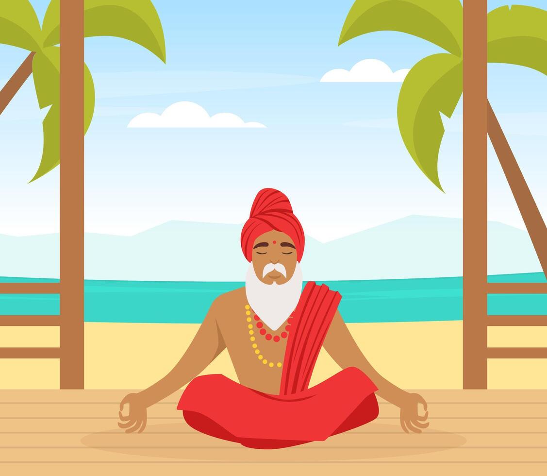 Hindu in Turban Sitting and Meditating in Yoga Lotus Position with Ocean Scenery Illustration vector