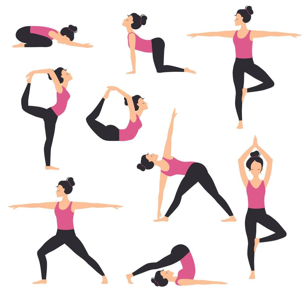Girl Practicing Various Yoga Positions Set, Slim Sporty Young Woman Training, Balancing and Relaxing, Fitness Workout Flat Style Illustration vector