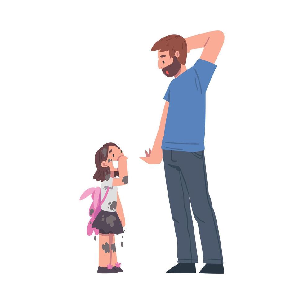 Astonished Bearded Dad Looking at His Daughter Standing in Clothes with Mud Splashes Illustration vector
