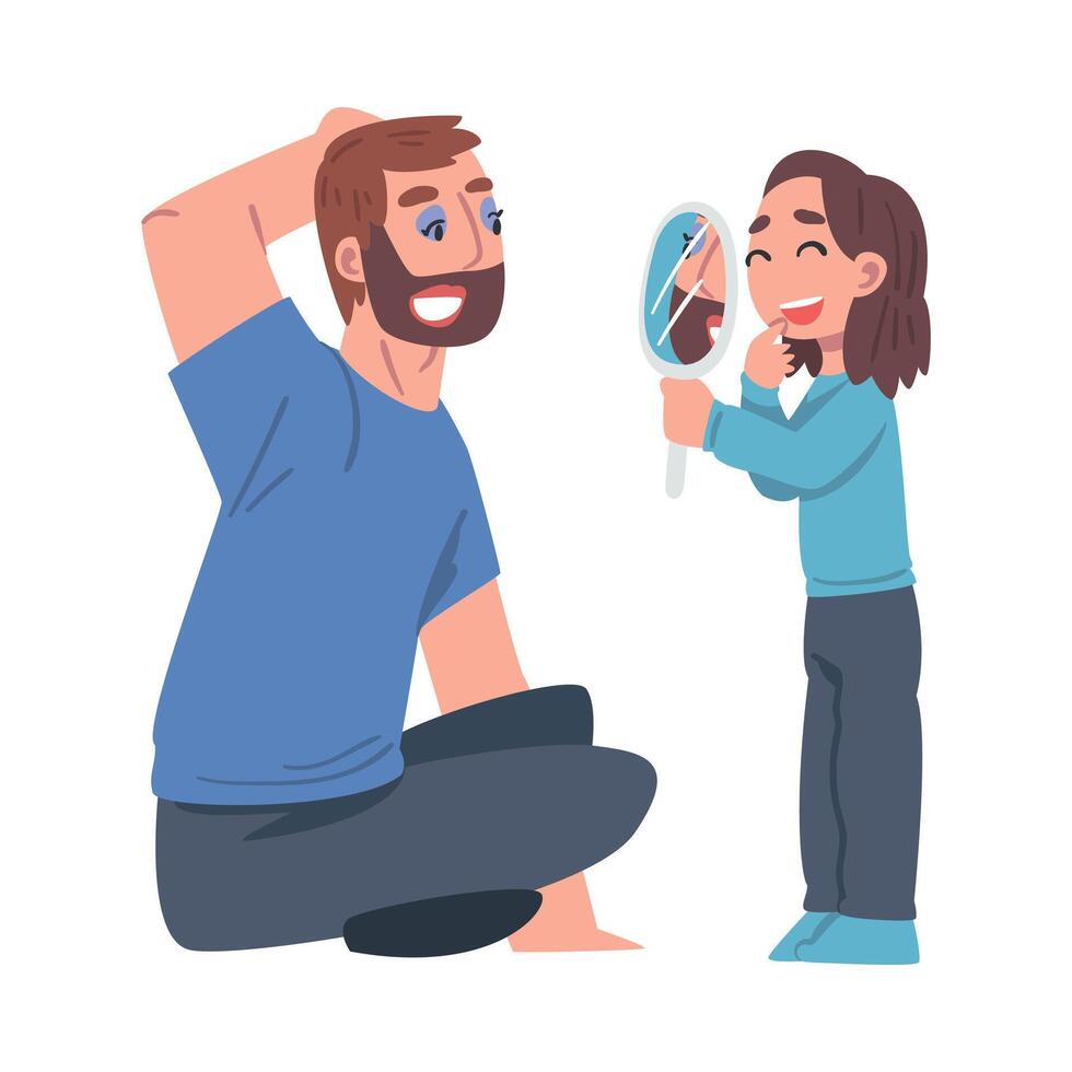 Bearded Dad Looking in the Mirror Held by His Laughing Daughter Illustration vector