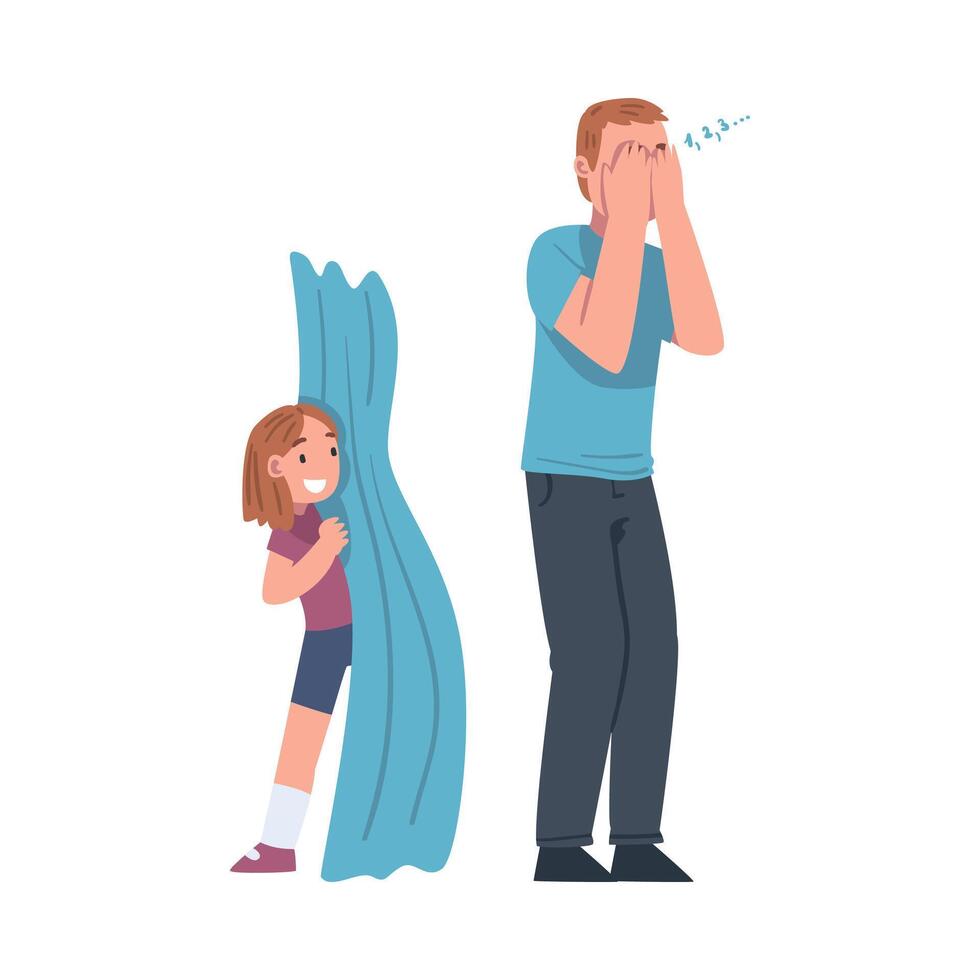 Moustached Dad Playing at Hide-and-seek with His Daughter Illustration vector