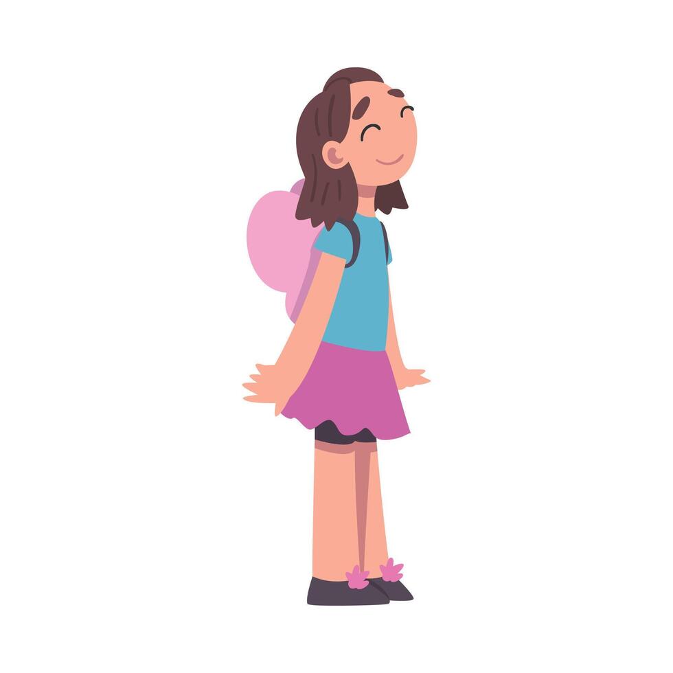 Cute Girl with Pink Backpack Standing Looking Up Illustration vector
