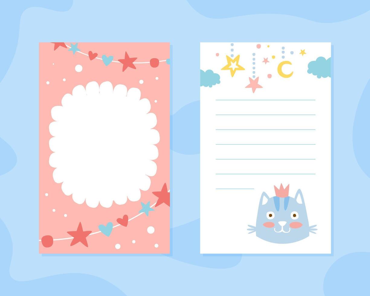 Cute Childish Note Sheet, Template for Congratulation, Invitation, Cover, Notebook, Planning Page, Organizer for Kids with Cute Funny Cat Illustration vector