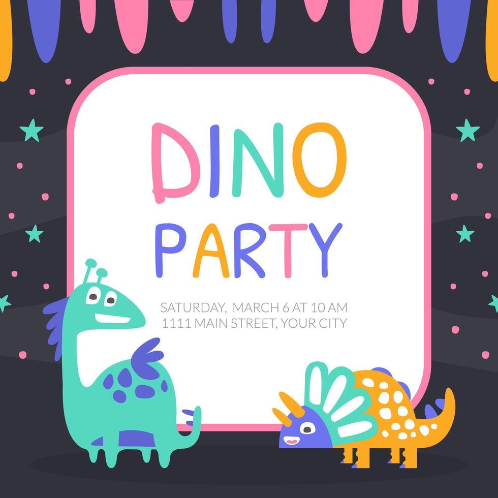 Dino Party Banner with Space for Text, Poster, Invitation Card, Flyer Design Template with Cute Funny Prehistoric Dinosaurs Cartoon Illustration vector