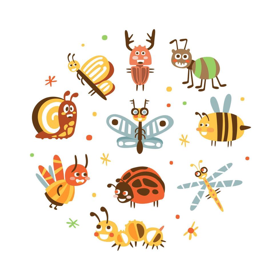 Funny Insects in Circular Shape Banner Template, Cover, Poster, Invitation Card, Flyer Design with Cute Caterpillar, Dragonfly, Ladybug, Grasshopper, Spider Insects Illustration vector