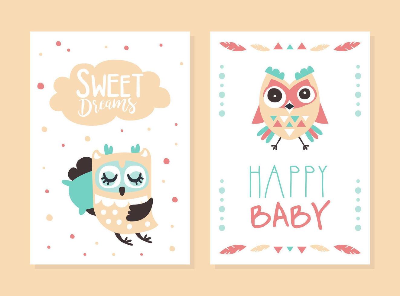 Happy Baby Sweet Dreams Cards Templates Set with Cute Hand Drawn Owlets, Cover, Poster, Greeting or Invitation Card, Flyer Design with Funny Colorful Owls Illustration vector