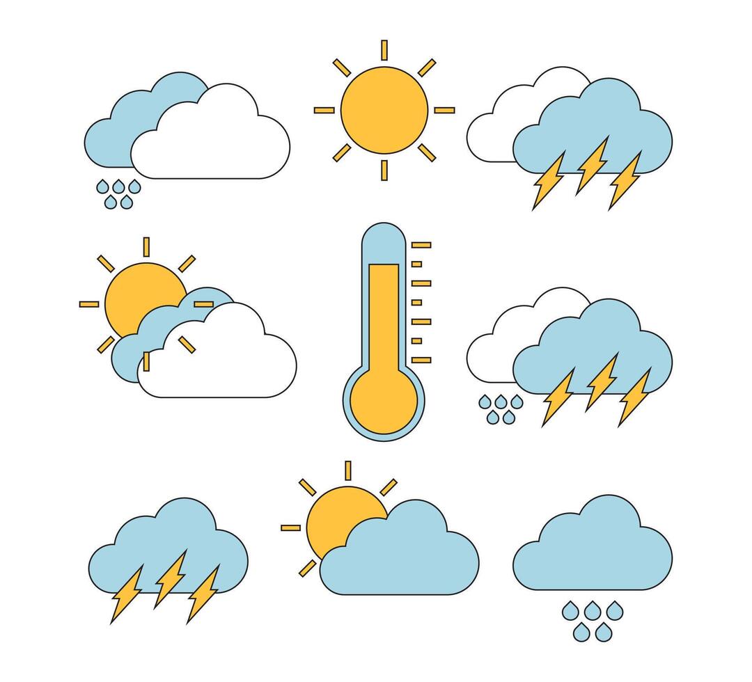 Weather Forecast Icon Set with Sun Cloud Lightning and Rain for UI or Meteorology Design vector
