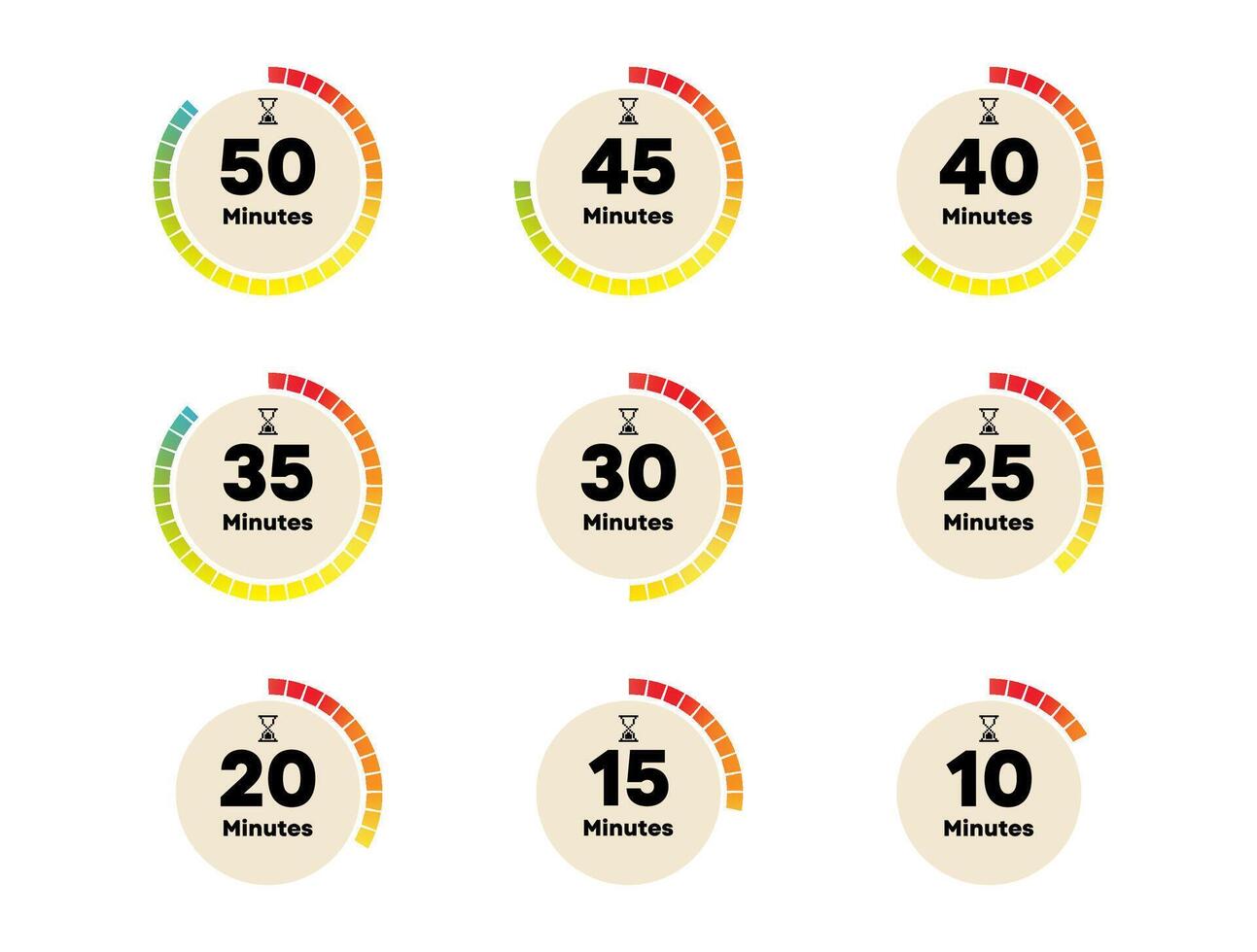 Neutral Colored Timer Circle Set from 10 to 50 Minutes for UX Countdown or Reminder Widget vector