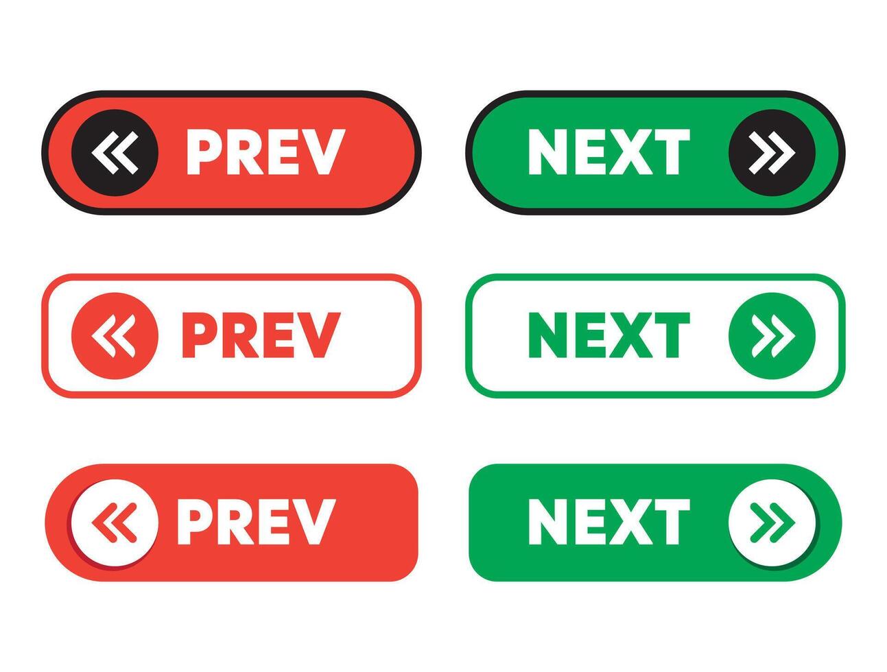 Prev and Next Button Set in Red and Green with Flat Navigation Style for UI or Web vector