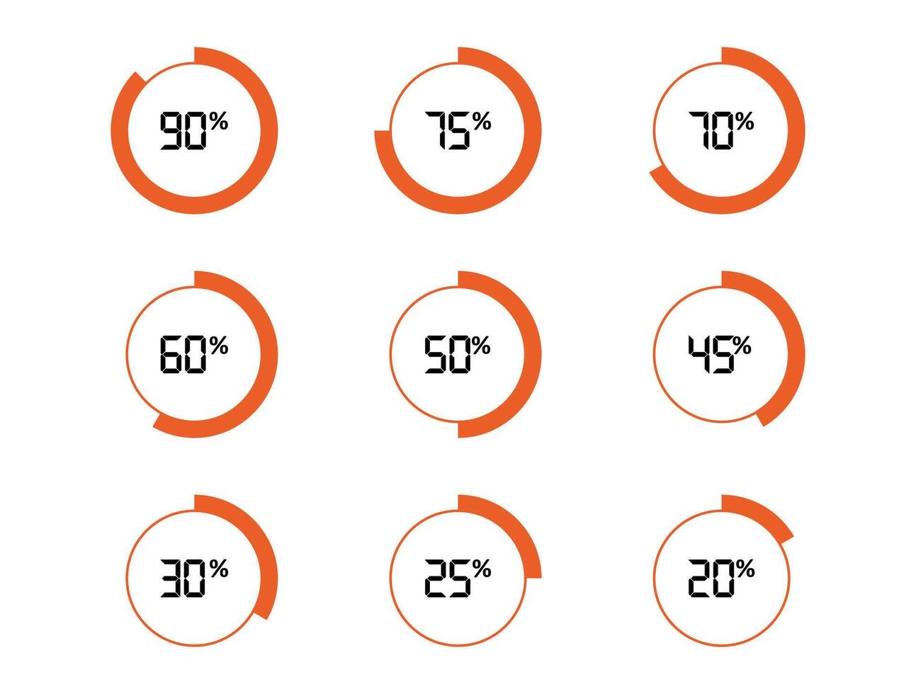 Orange Percentage Circular Progress Icons from 20percent to 90 percent for Dashboard or Infographic vector