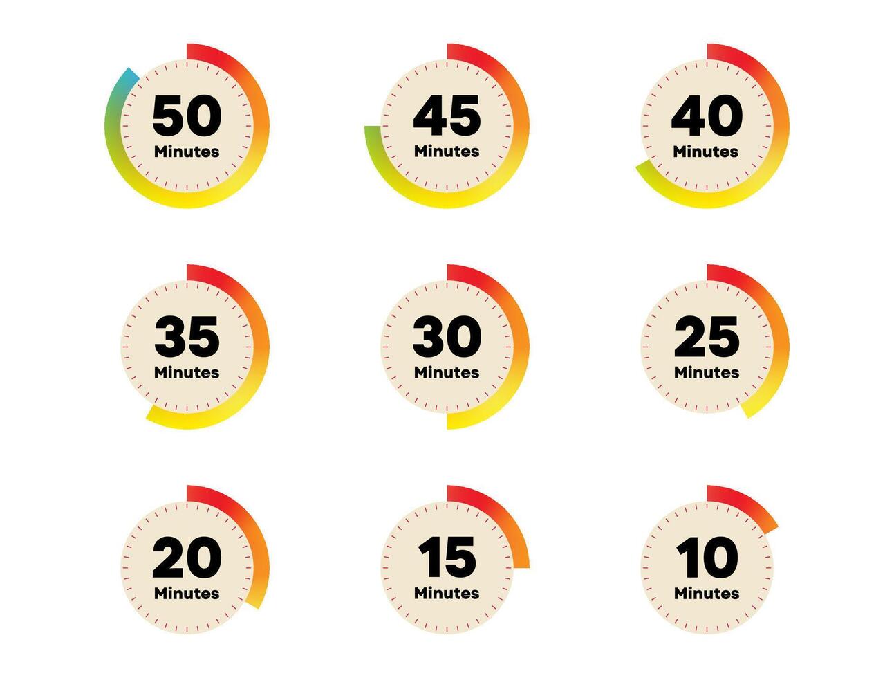 Countdown Timer Icons in Orange and Yellow from 10 to 50 Minutes for Clock or Schedule UI vector