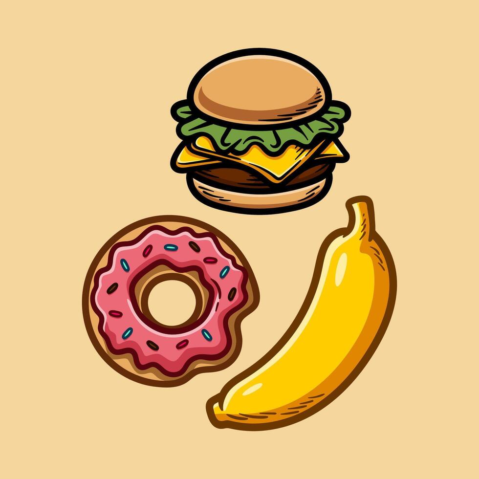 fun food and dessert compilation colored cartoon isolated drawing line style sketch classic vintage design illustration vector