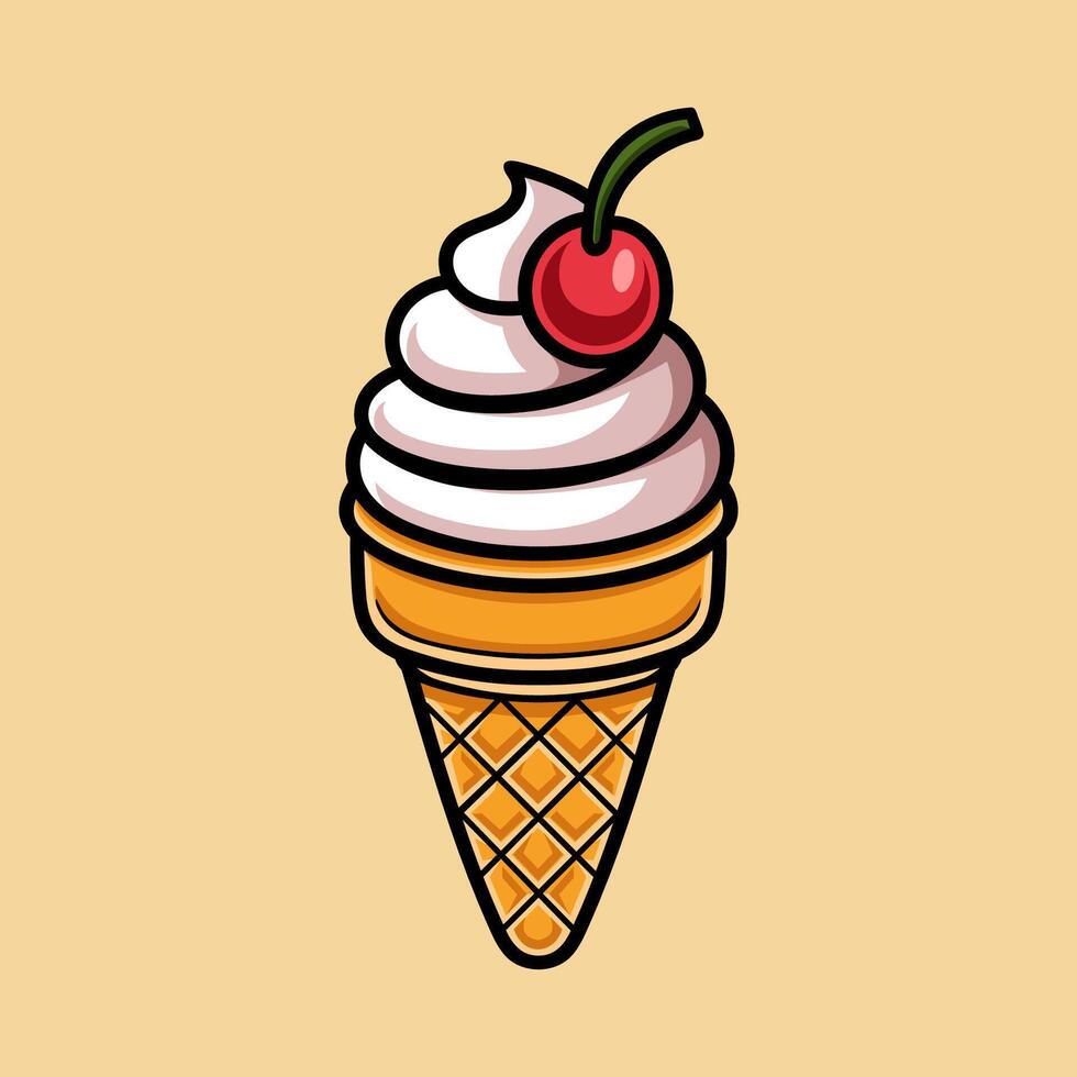 fun ice cream with cherry on top colorful cartoon isolated drawing line style sketch classic vintage design illustration vector