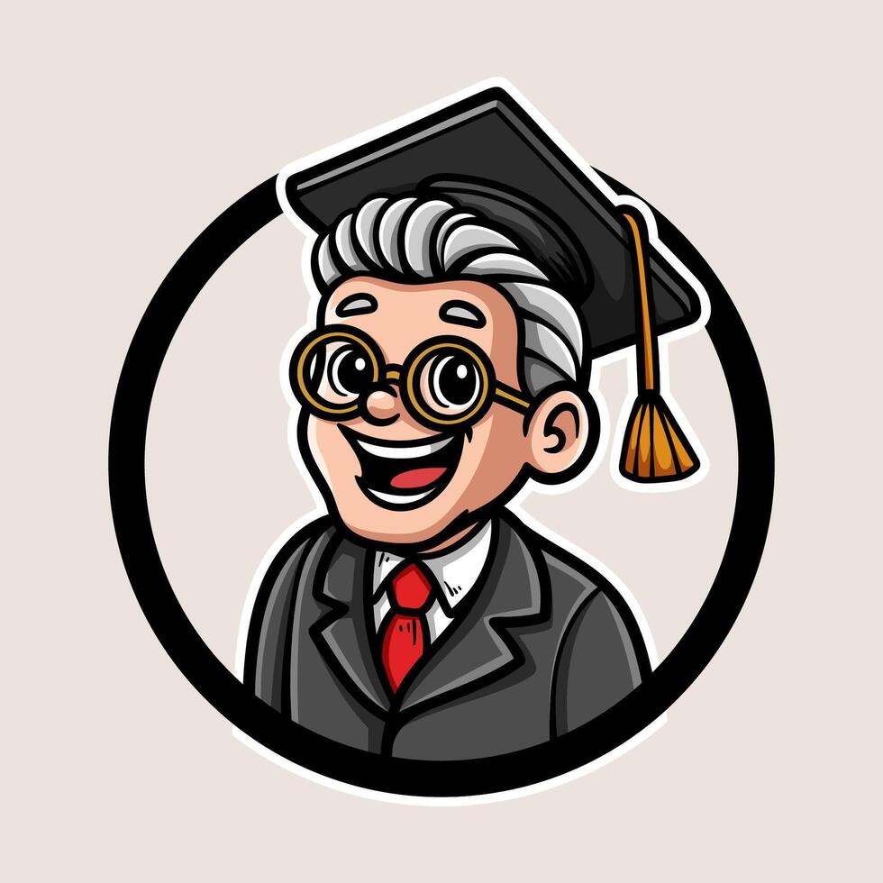 fun teacher wear graduation hat colorful cartoon character isolated drawing line style sketch classic vintage design illustration vector