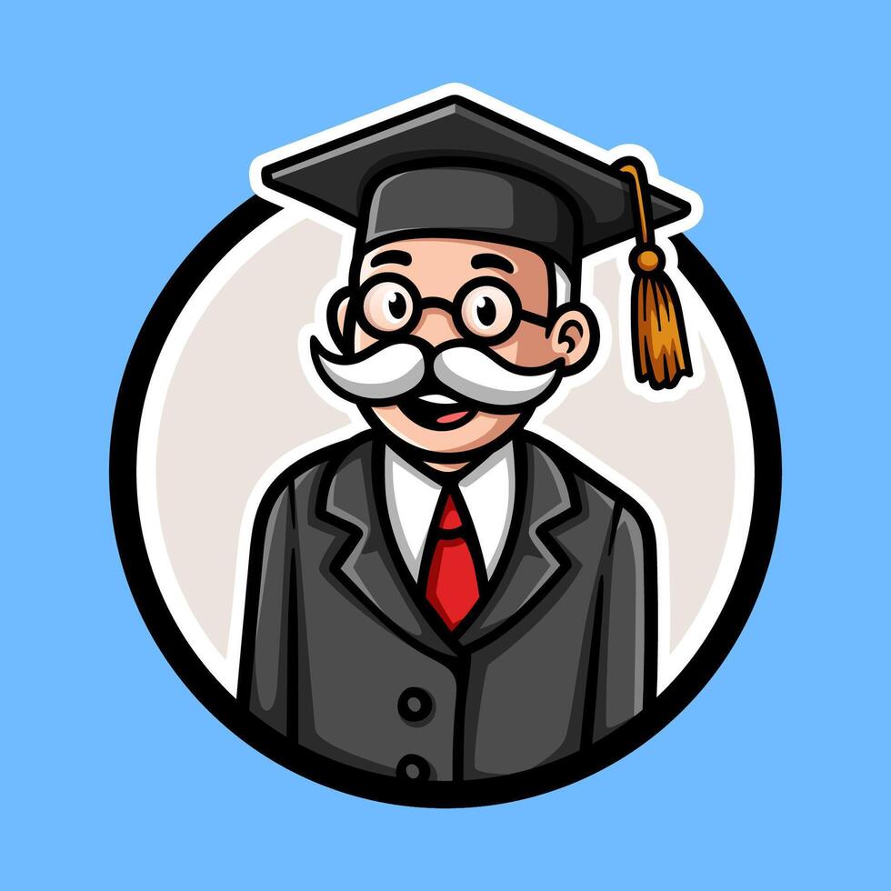 fun colorful school teacher headmaster in graduation suit cartoon character isolated drawing line style sketch classic vintage design illustration vector