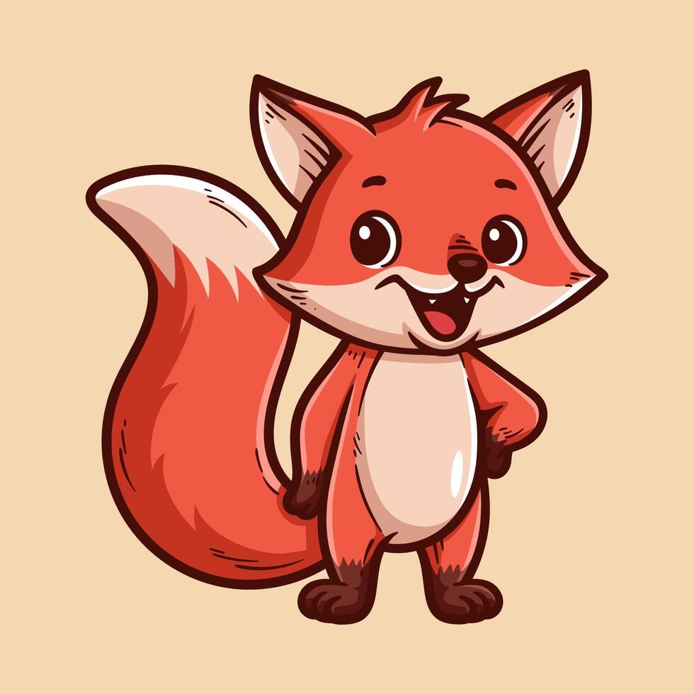 fun standing fox colorful cartoon character isolated drawing line style sketch classic vintage design illustration vector