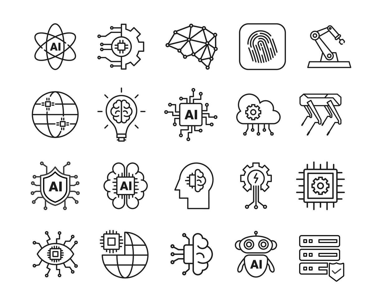 Artificial intelligence technology icons set, modern ai tech line icons with editable stokes, robotic hand, spot robot dog, ai chip, security, cloud computing, ai agent, neural network, ai human head vector