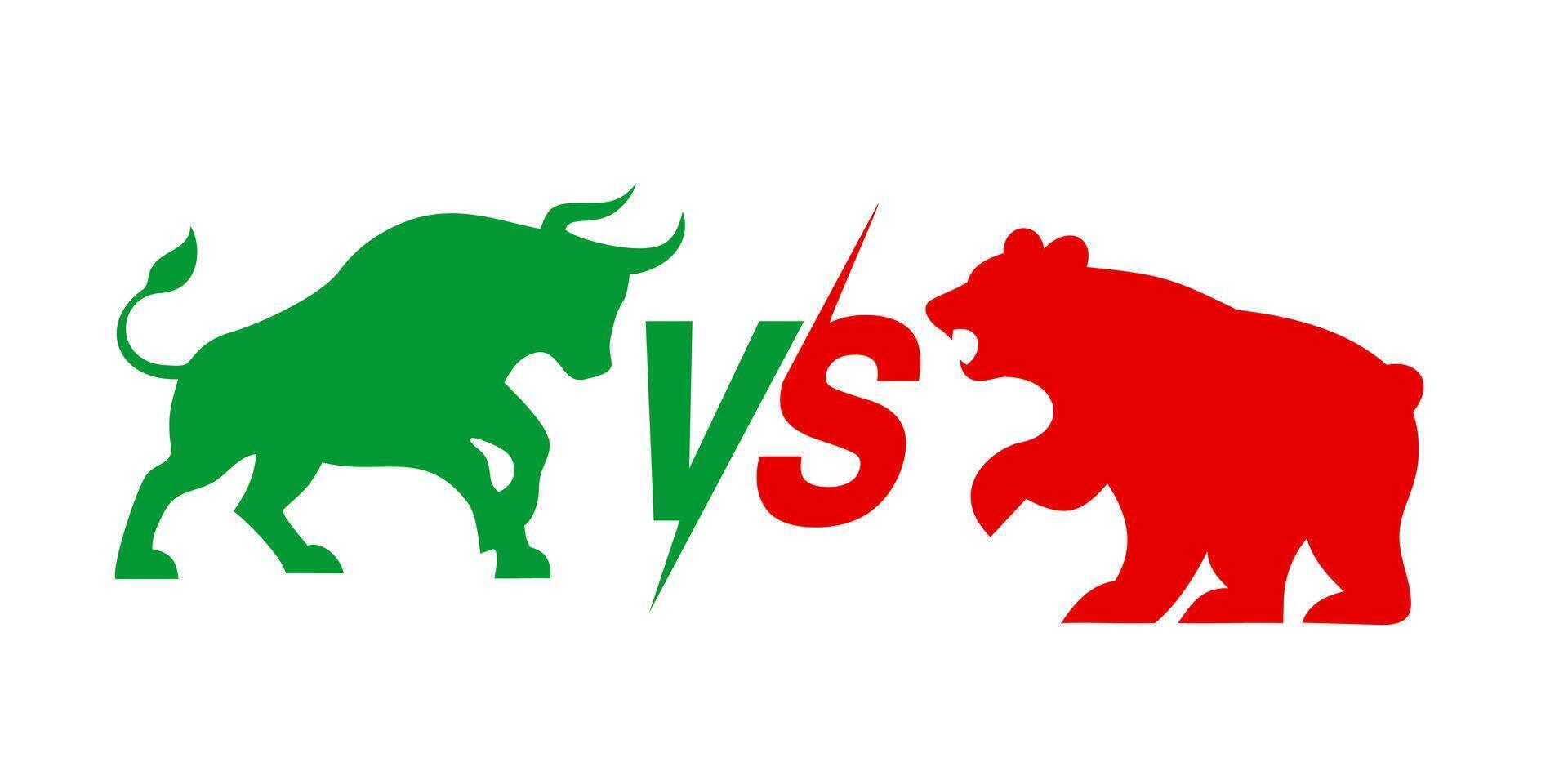 Bull vs bear stock market illustration, green bullish versus red bearish trend silhouette. vector