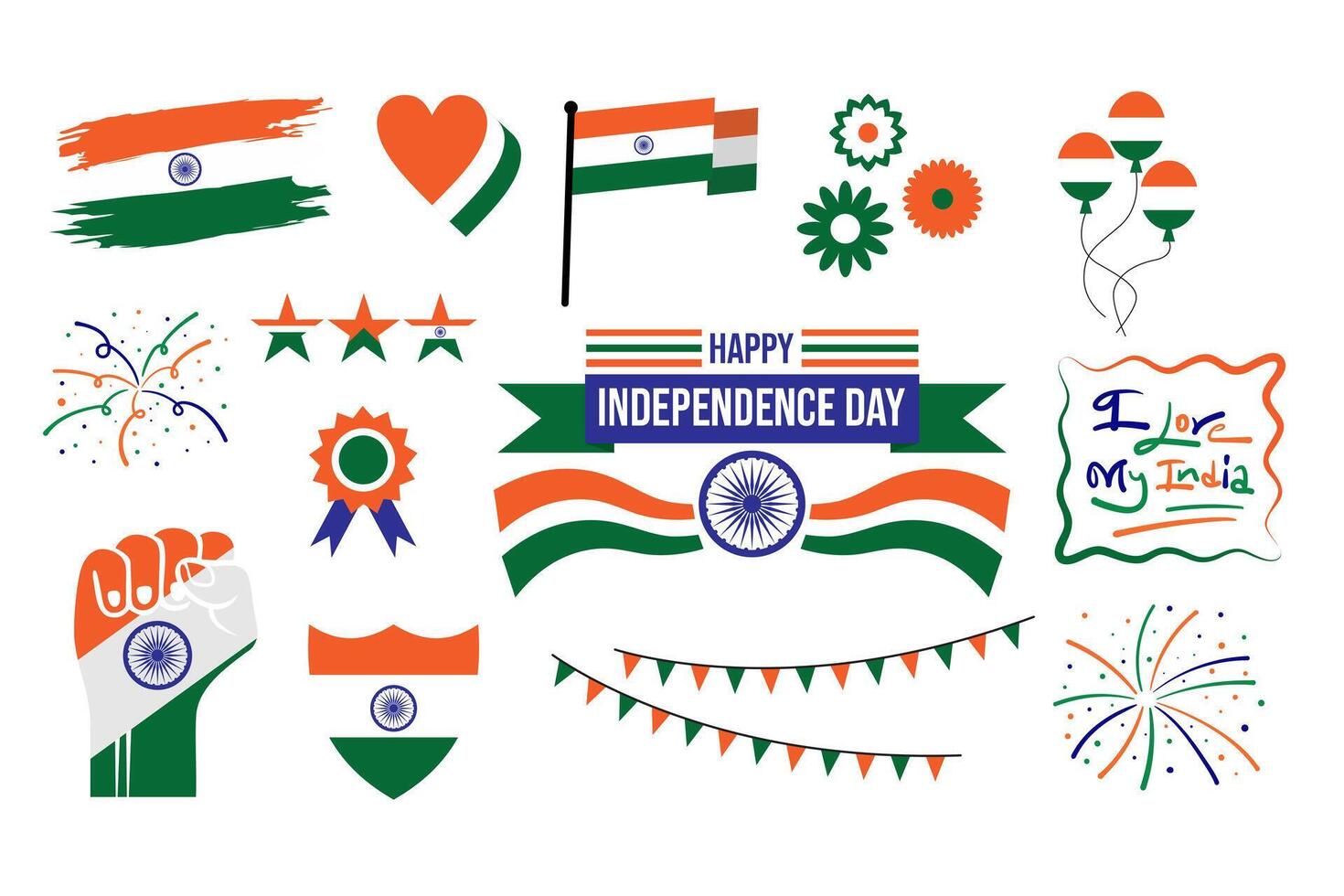 Indian Independence Day graphic elements- flag, banner, balloons, stars, heart, ribbon, flowers, fireworks, and many more, 14 August Indian Freedom Day celebration elements.Tiranga flag, tricolor. vector