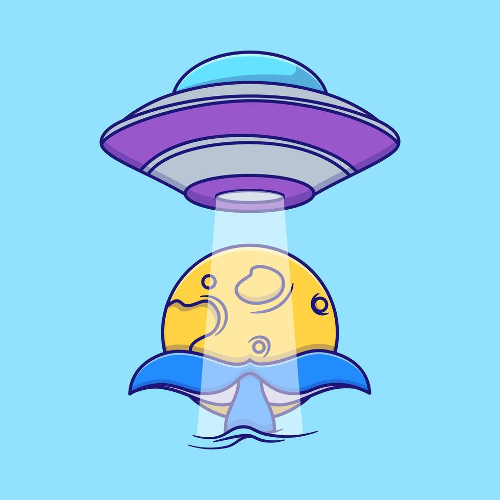 Cute UFO Beaming Planet from the Ocean. Fantasy Illustration. vector