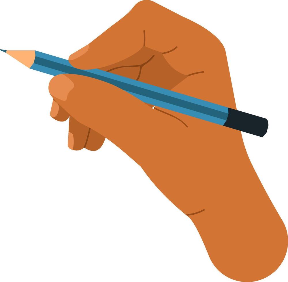Right hand holding a blue pencil in writing position, ready to draw or take notes, isolated on white background, ideal for educational or creative concepts vector