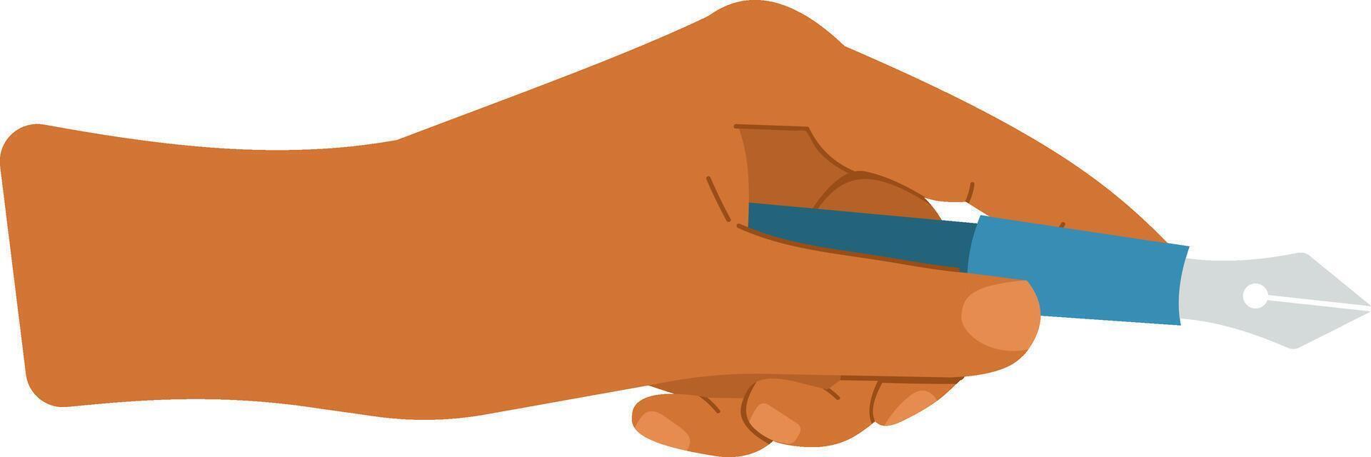 Cartoon hand gripping a blue and gray fountain pen, poised to write, draw, or sign a document, set against a clean white background for a modern, minimalistic look vector