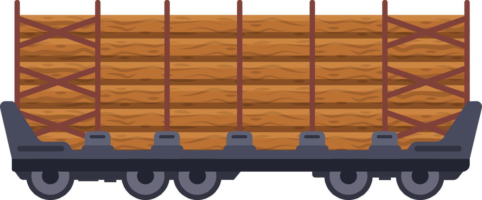 Long train wagon transporting wooden planks, secured by robust metal supports, providing safe and efficient delivery of lumber for various industries and construction projects vector