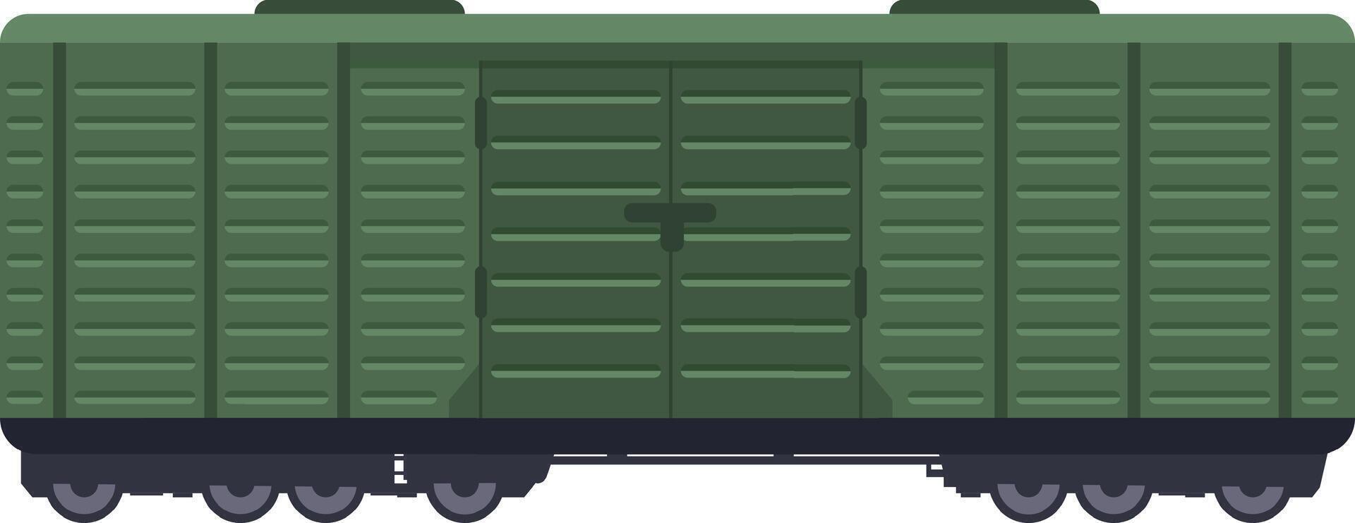 Green military train carriage with closed doors, possibly containing supplies or equipment, isolated on a white background represents army logistics and transportation vector