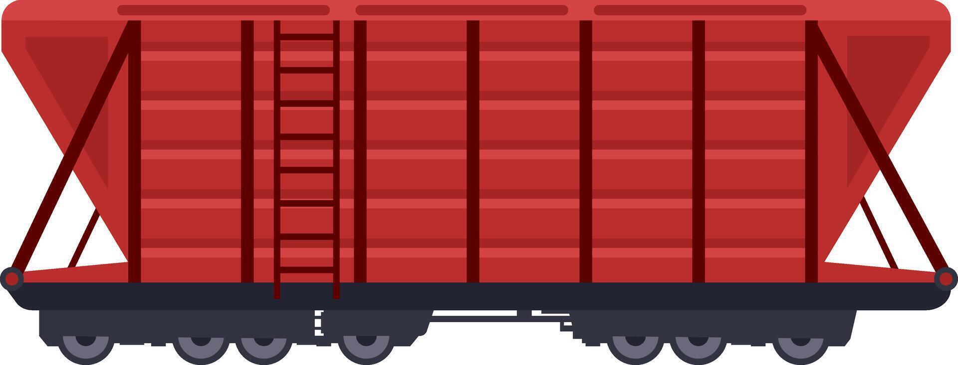 Red hopper railcar standing on railway tracks, featuring open doors at each end, designed for efficient bulk material transportation across long distances vector