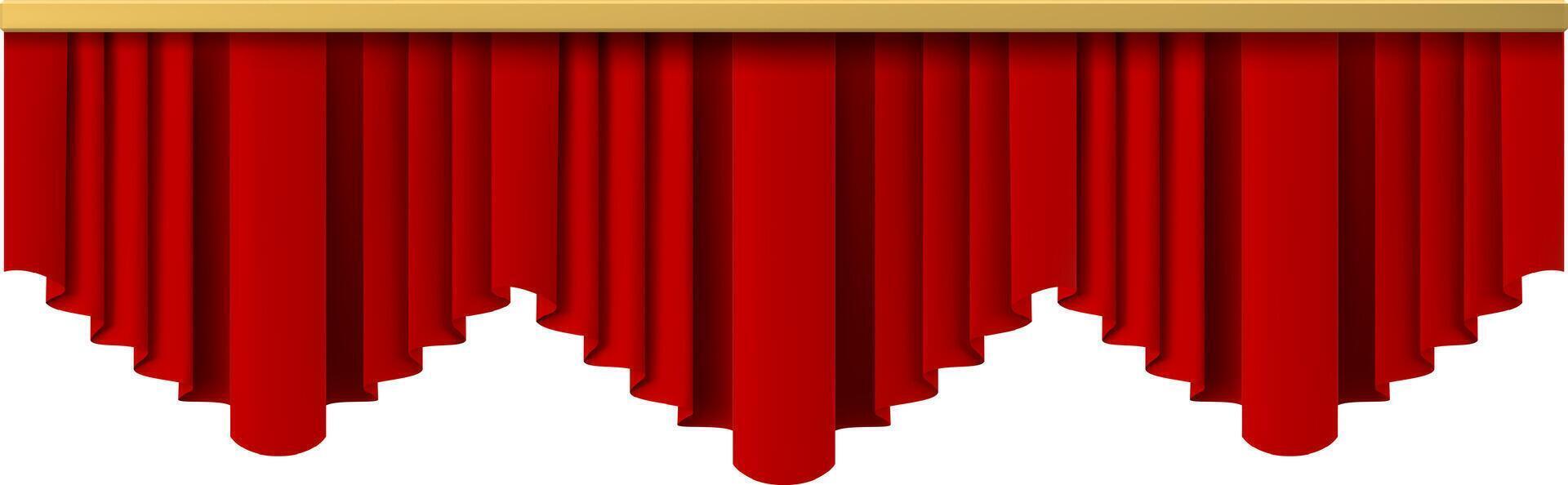 Red theater stage curtain with scalloped bottom border hanging from golden rod isolated on white background creating a luxurious and elegant atmosphere vector